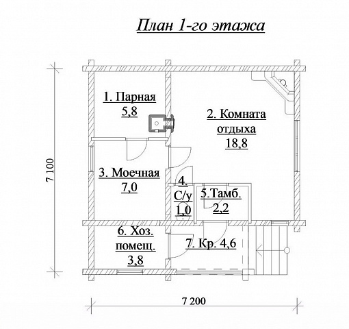 Проект одноэтажной бани из бруса с комнатой отдыха и хозпомещением № КБ14 - фото 3