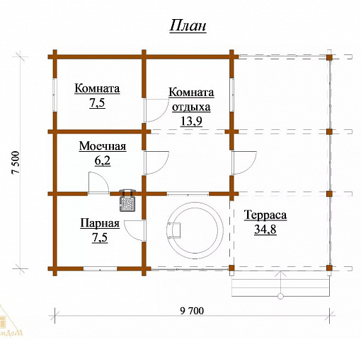 Проект бани из профилированного бруса № КБ43 (с комнатой отдыха) - фото 3